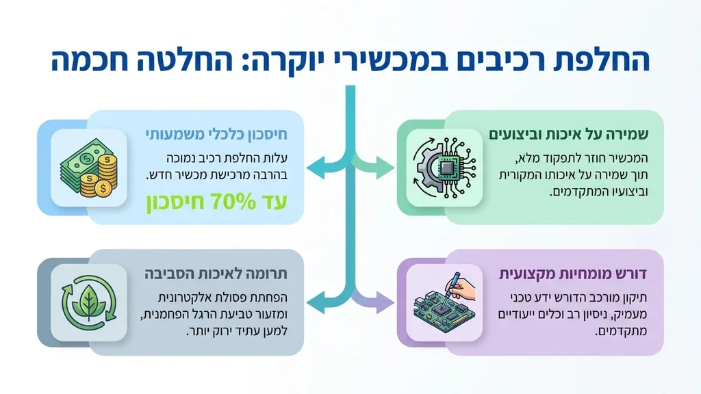 ידיים של טכנאי מתקנות כרטיס פיקוד אלקטרוני של מכונת כביסה