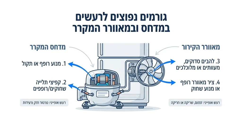 תקריב של מדחס מקרר ומאוורר פנימי